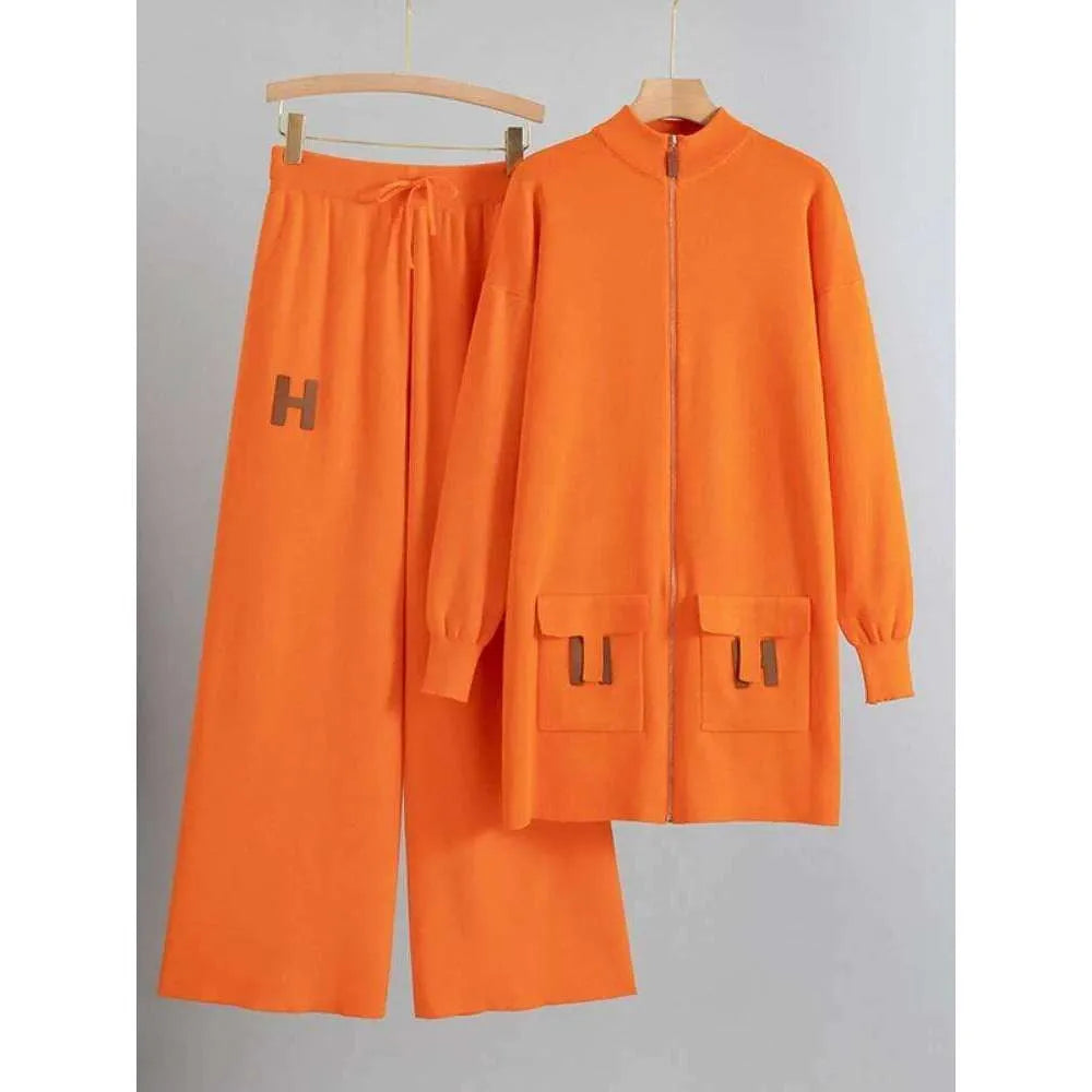 Designer Suit Zipper Loose Knit Sweater Long Top+Drawstring Wide Leg Pant SP55 Designer Suit Zipper Loose Knit Sweater Long Top+Drawstring Wide Leg Pant SP55