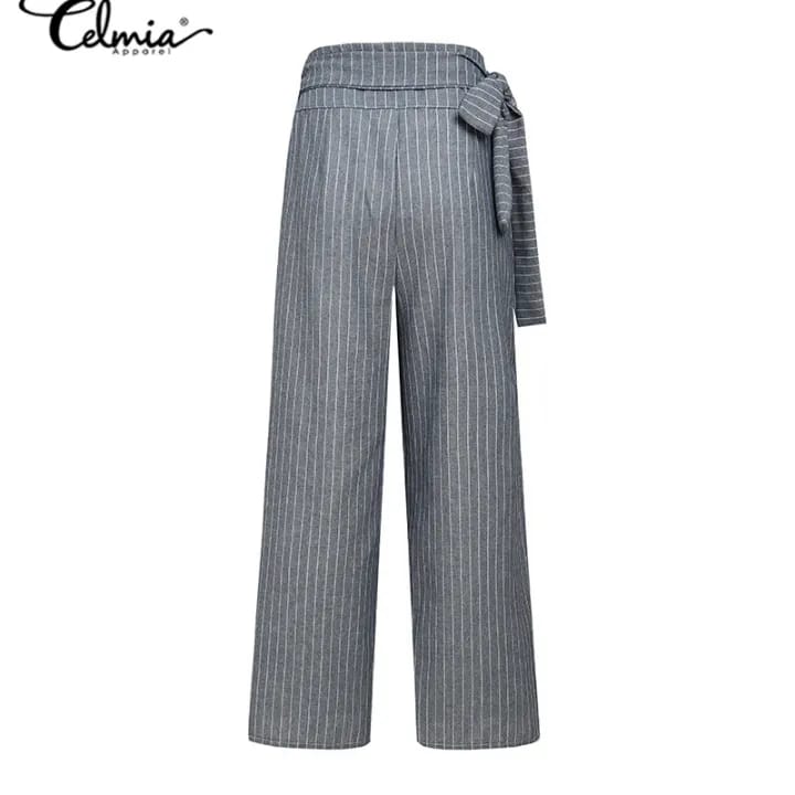 Celmia Women's Wide Leg Cotton Palazzo Pants High Waist Belted Pants Striped Pants 3XL S2390822 - Tuzzut.com Qatar Online Shopping