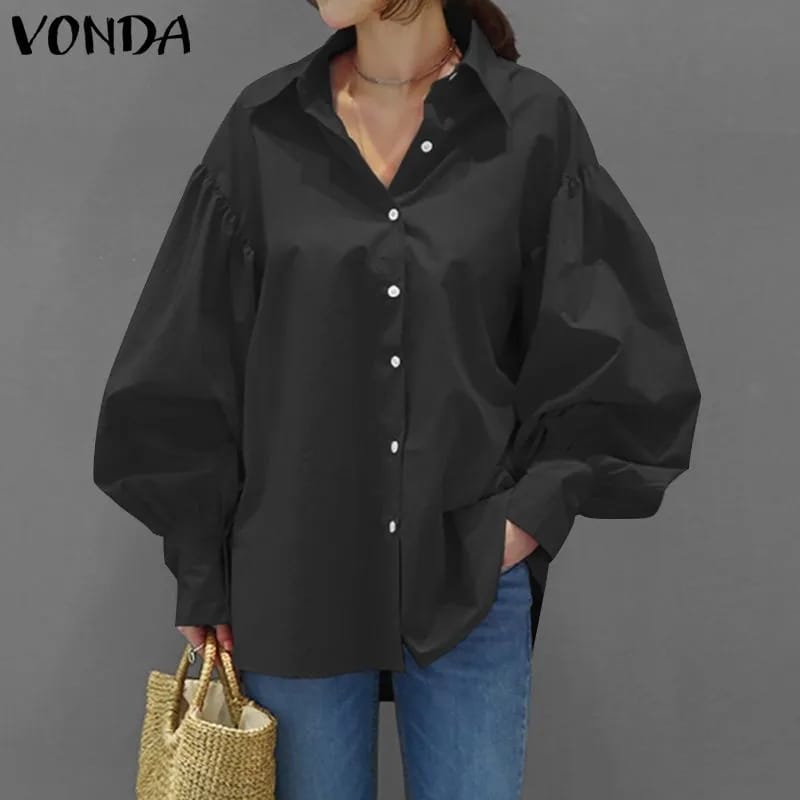 VONDA Korean Style Shirts Women Lantern Sleeve Loose Turn-down Collar Simple Blouse Feminino Blouses Autumn All-match Black Shirt M S3098692 - Tuzzut.com Qatar Online Shopping