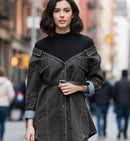 Women's Chic High-Neck Button-Down Denim Shirts Fake Two-Pieces Blouse with Belt 79128 - TUZZUT Qatar Online Shopping