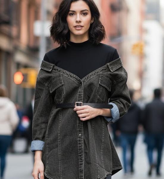 Women's Chic High-Neck Button-Down Denim Shirts Fake Two-Pieces Blouse with Belt 79128