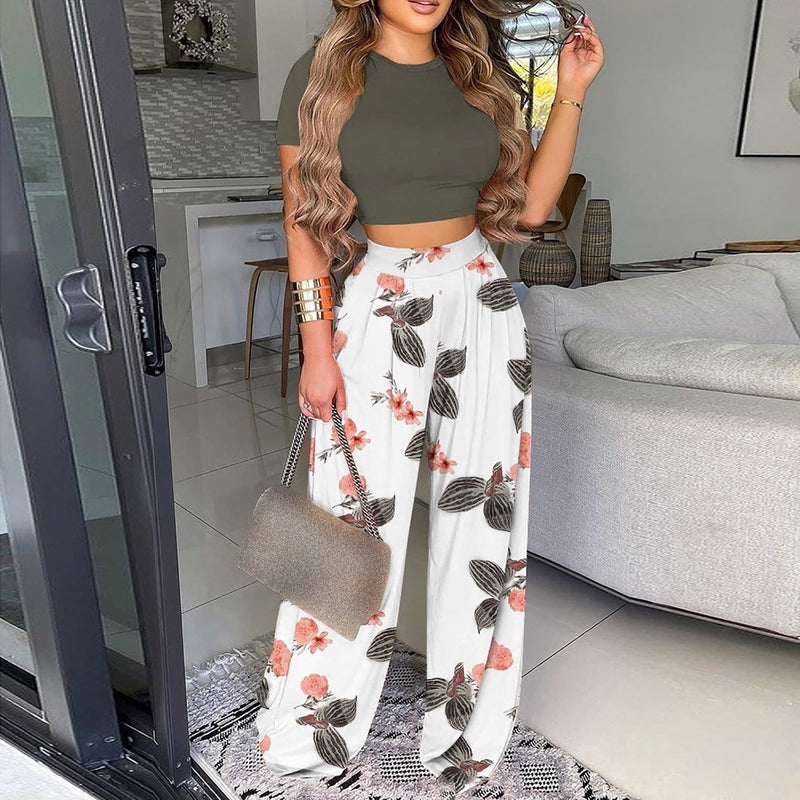 Two Piece Outfits for Women Sexy Pants Set Sexy Short Sleeve Crop Top Pants Set Summer Casual Froral Print Wide Leg Pants   B131317 - TUZZUT Qatar Online Shopping