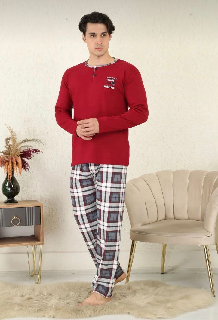 Cotton Single Jersey Plaid Men's Pajama Set- 2105 - TUZZUT Qatar Online Shopping