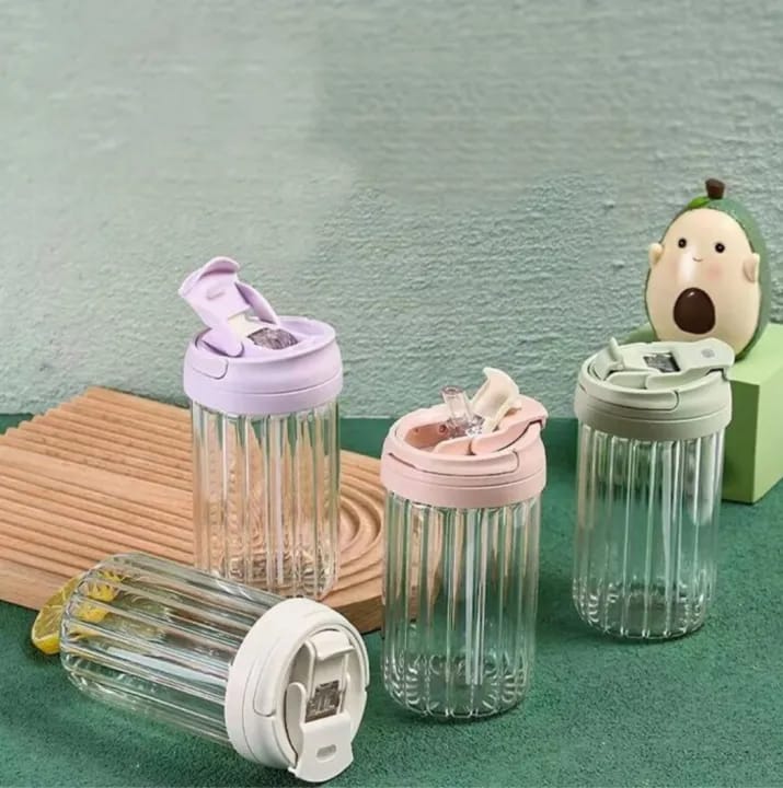 Glass Straw Cup 450 ML Jar 1554886 - TUZZUT Qatar Online Shopping