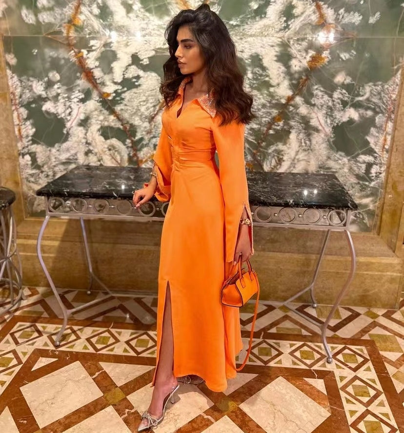 Lapel V Neck Prom Dresses Beaded Long Sleeves Vestidos De Fiesta Ruched Front Slit Special Occasion Women Wear Evening XL S4782520 Lapel V Neck Prom Dresses Beaded Long Sleeves Vestidos De Fiesta Ruched Front Slit Special Occasion Women Wear Evening XL S4782520