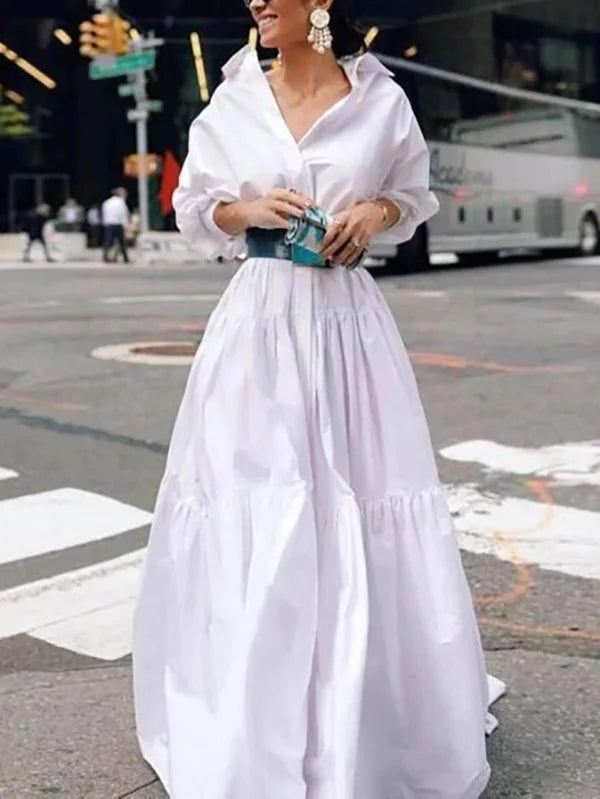 Long Sleeves Loose Belted Pleated Solid Color Lapel Maxi Dresses XL 121691