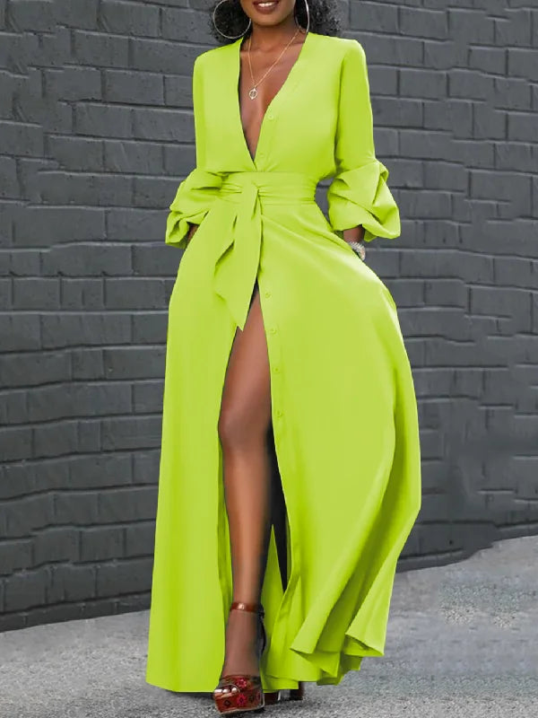 Puff Long Sleeves Buttoned Solid Color Deep V-Neck Maxi Shirt Dresses L 115343