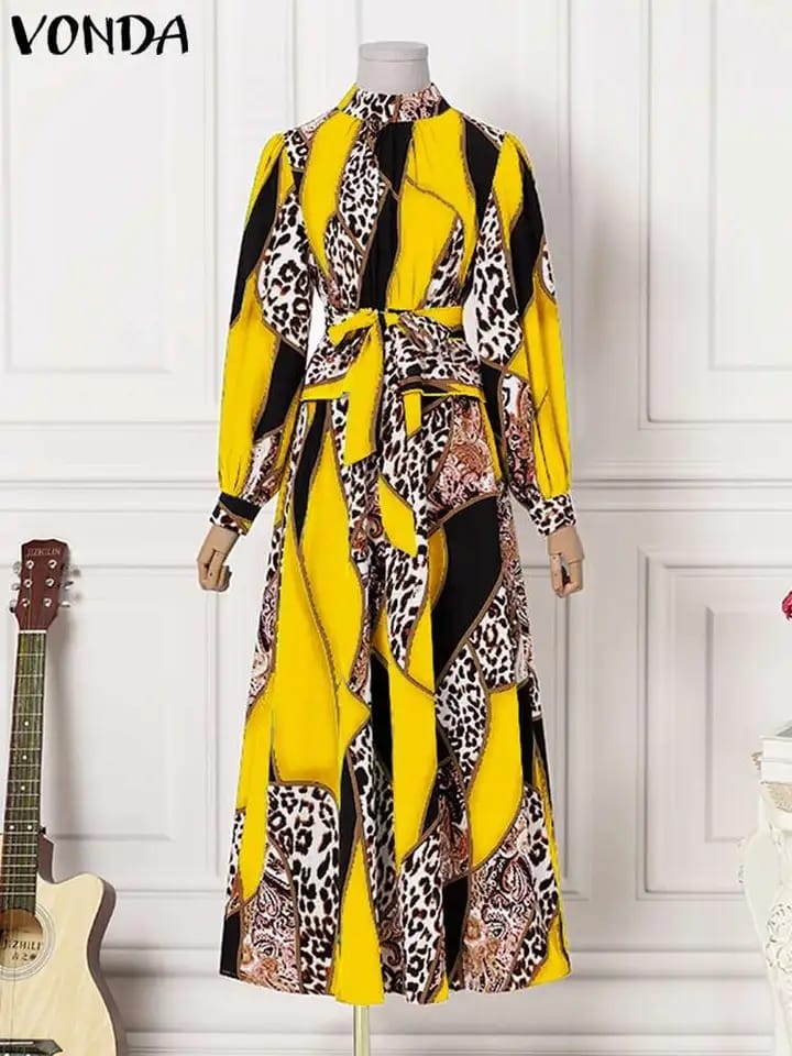 VONDA Summer Bohemian Robe Lantern Sleeve Maxi Sundress Vintage Lady Printed Pleated Long Dress Casual Belted Party Vestido 4XL S4318637 - Tuzzut.com Qatar Online Shopping