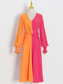 Women's Summer Long Dress Chic And Elegant Woman Dresses Evening Patchwork Colorblock V Neck Long Sleeve Clothing X3456351 - Tuzzut.com Qatar Online Shopping