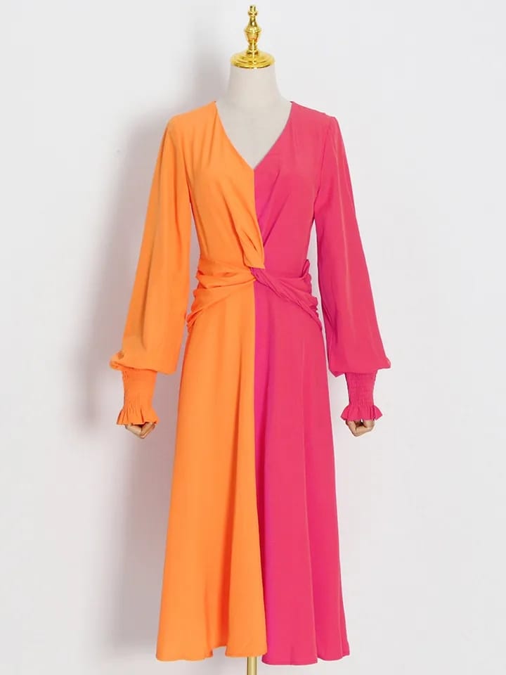 Women's Summer Long Dress Chic And Elegant Woman Dresses Evening Patchwork Colorblock V Neck Long Sleeve Clothing X3456351 - Tuzzut.com Qatar Online Shopping