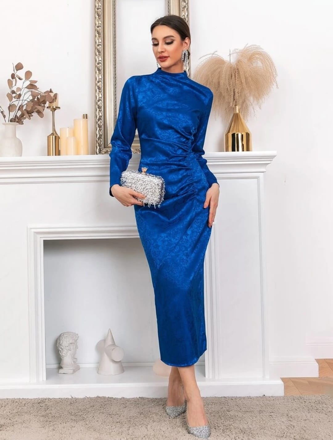 Mock Neck Jacquard Split Hem Satin Dress SHN656