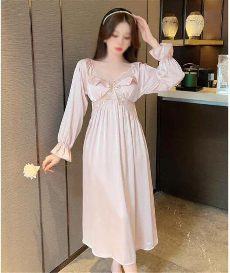 Sexy pajamas women spring ice silk long-sleeved French mid-length dres