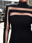 Long Sleeves Skinny Mesh Solid Color Split-Joint High Neck T-Shirts Top 156550 - TUZZUT Qatar Online Shopping