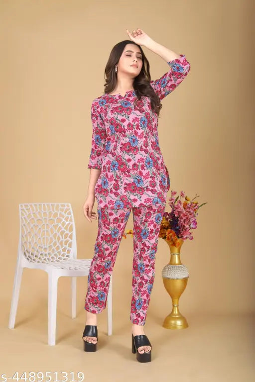 Women's Beautiful Delta Cotton Mix Fabric Printed Night suit Co-Ord Set - VKT300