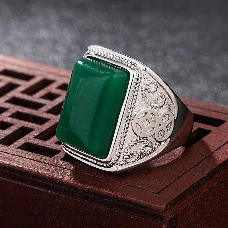 Men's Green Agate Ring 925 Silver Vintage Men's Chrysoprase Ring S4578476 - TUZZUT Qatar Online Shopping