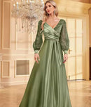 Green Customized  Evening Dress Sparkly Long Sleeves V Neck Sequins Satin S4557559 - TUZZUT Qatar Online Shopping