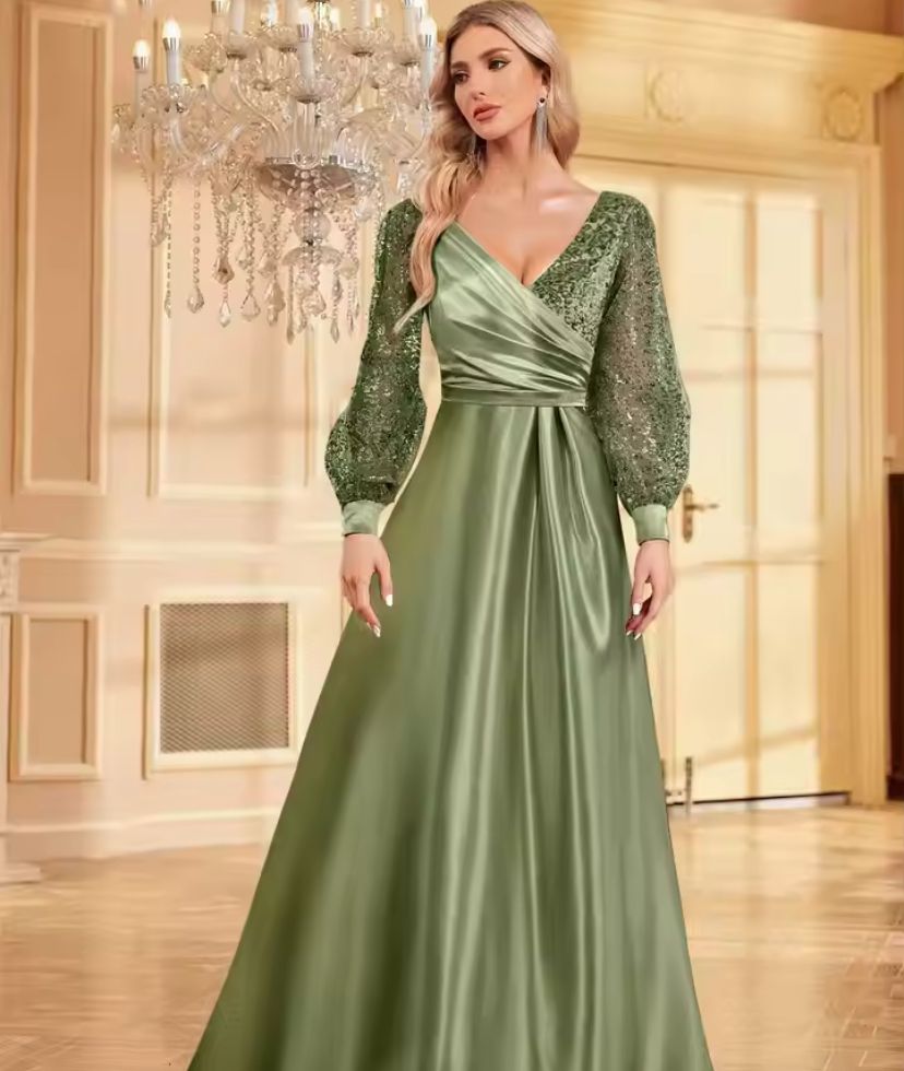 Green Customized Evening Dress Sparkly Long Sleeves V Neck Sequins Satin S4557559 Green Customized Evening Dress Sparkly Long Sleeves V Neck Sequins Satin S4557559