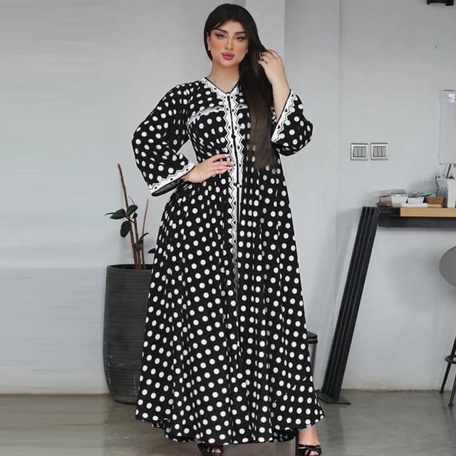 Polka Dot PrintClothing Embroidery Maxi Dress for Women Loose Ethnic Muslim Robe Arabic Oman Dubai Turkish Robe Islamic Clothing S3663492