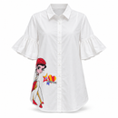 Women's White Cartoon Print Shirt Dress with Flared Sleeves 410939 - M