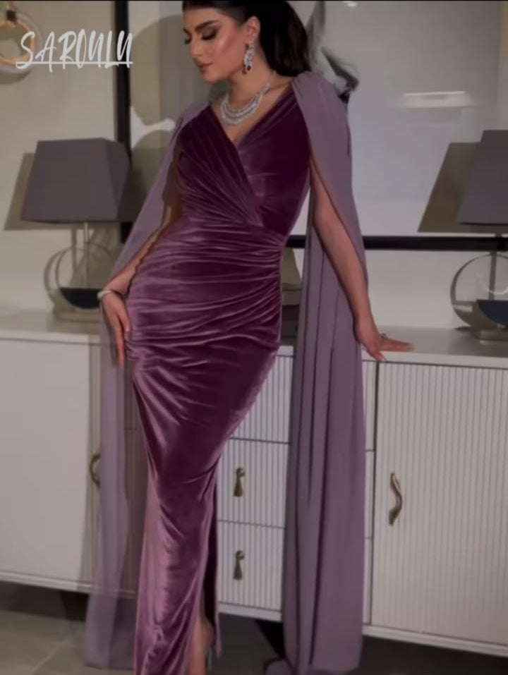 Sexy Purple Evening Dress With V-neckline And Puff Sleeves S5063209 Sexy Purple Evening Dress With V-neckline And Puff Sleeves S5063209