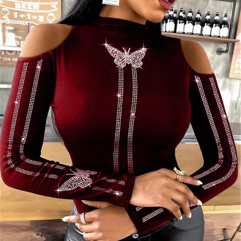 Women Elegant O Neck Diamonds Studded Blouse Sexy Ladies Solid Hollow Out Pullover Tops Spring Long Sleeve Slim Fit Shirt Blusas L S2432066 - Tuzzut.com Qatar Online Shopping
