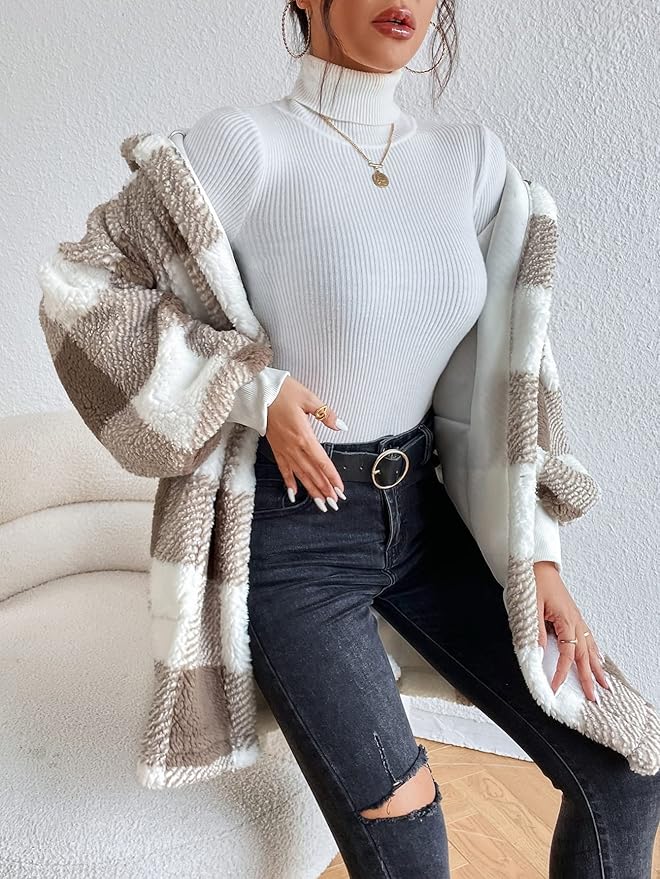 Jackets for Women - Buffalo Plaid Print Open Front Hooded Flannel Coat 27563 - TUZZUT Qatar Online Shopping