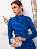 Mock Neck Jacquard Split Hem Satin Dress SHN656 - TUZZUT Qatar Online Shopping