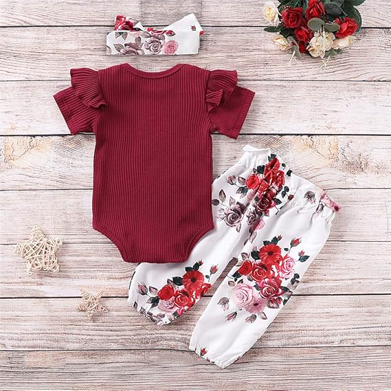 Newborn Baby Girl Clothes Ruffle Short/Long Sleeve Bodysuit +Floral Pants + Headband 3Pcs Infant Girl Outfits Set 1513576 - TUZZUT Qatar Online Shopping