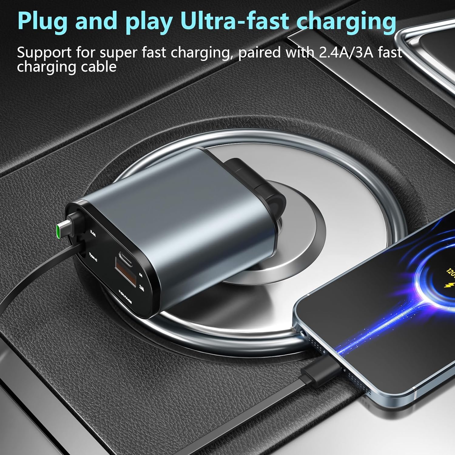 4 in 1 Retractable Fast Car Phone Charger 120W (Type-C, iOS, USB-C & USB interface) 4 in 1 Retractable Fast Car Phone Charger 120W (Type-C, iOS, USB-C & USB interface)