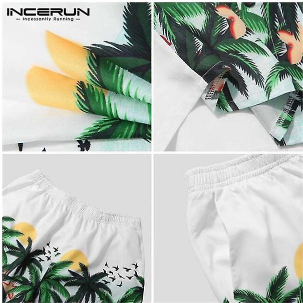 INCERUN Men's Printed Shirt Short Sleeve Hawaiian Casual Beach Shirt&Shorts S4096348 - Tuzzut.com Qatar Online Shopping