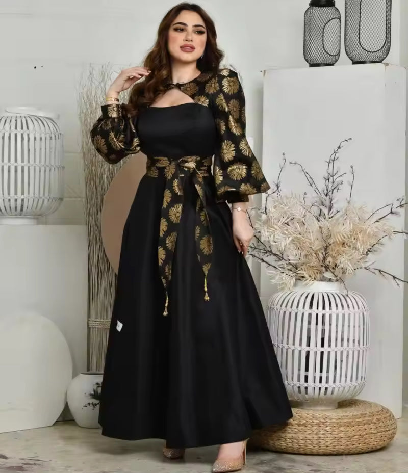 Women’s printing gold satin ball pendulum dress S4974676 - TUZZUT Qatar Online Shopping