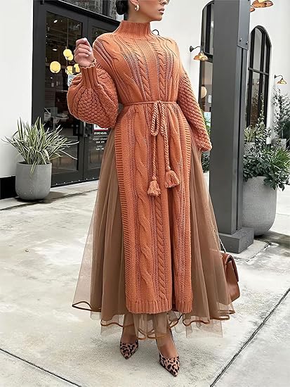 Long Lantern Sleeve Slit Sweater Dress and Maxi Tulle Skirt Set 75991 - TUZZUT Qatar Online Shopping