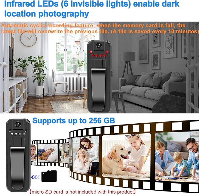 80° Rotating Lens Mini Camera, 1080P HD Body Cam with Night Vision, Small Camera for Meetings, Riding, Pet Walks