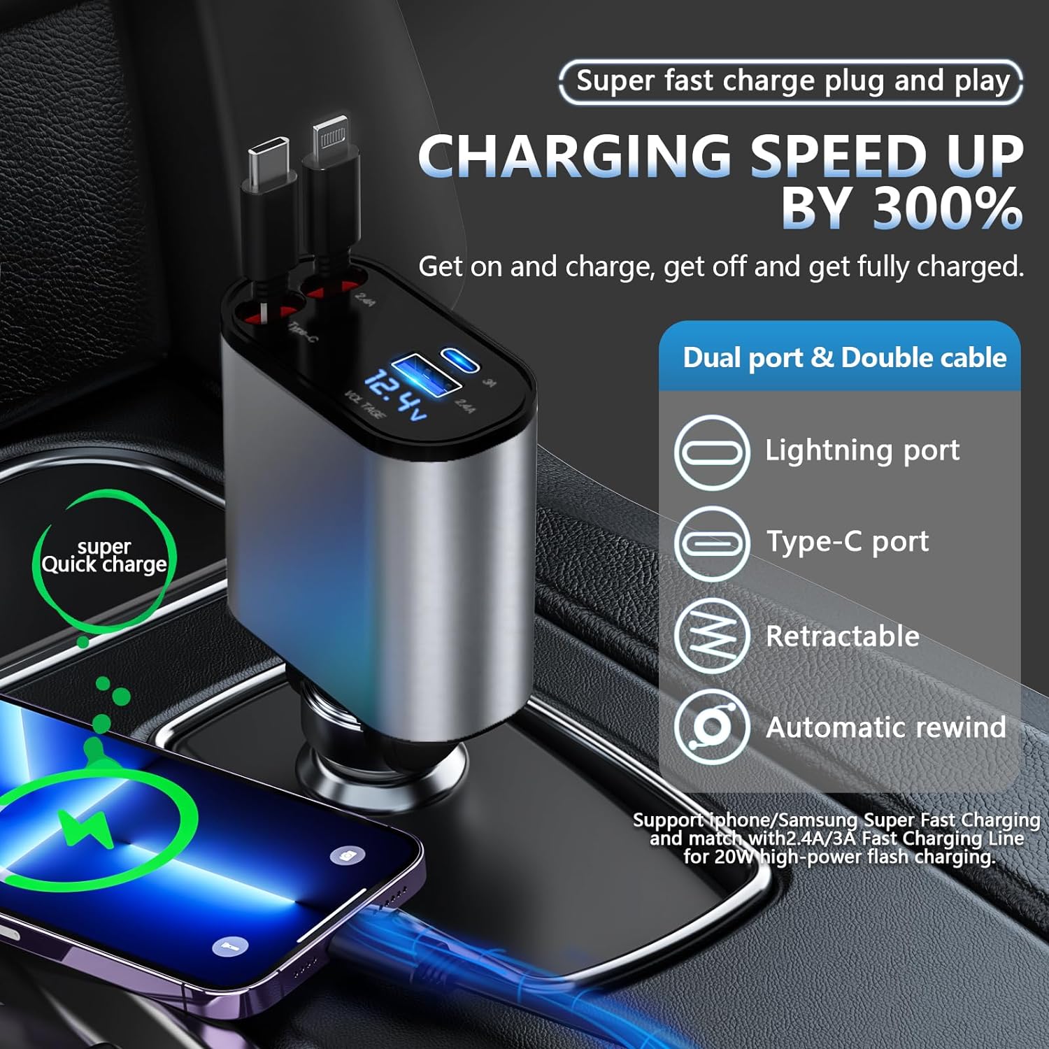 4 in 1 Retractable Fast Car Phone Charger 120W (Type-C, iOS, USB-C & USB interface) 4 in 1 Retractable Fast Car Phone Charger 120W (Type-C, iOS, USB-C & USB interface)