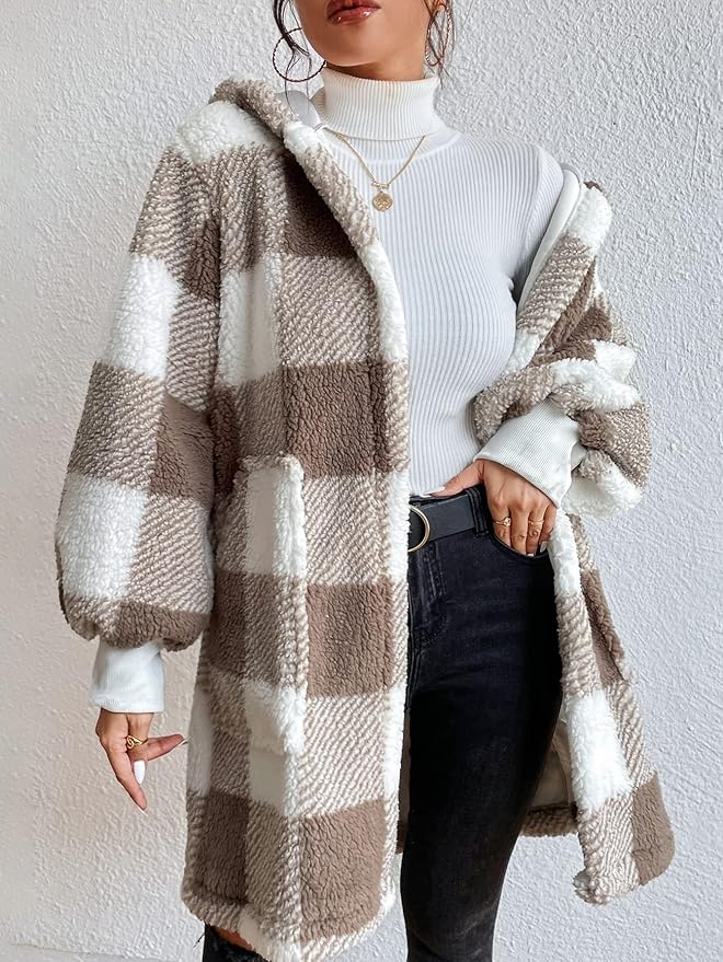 Jackets for Women - Buffalo Plaid Print Open Front Hooded Flannel Coat 27563 - TUZZUT Qatar Online Shopping