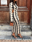 Knit Bodycon Dress for Women Long Sleeve Wave Printed Maxi Dress Backless Crochet Knit Long Dresses 125225