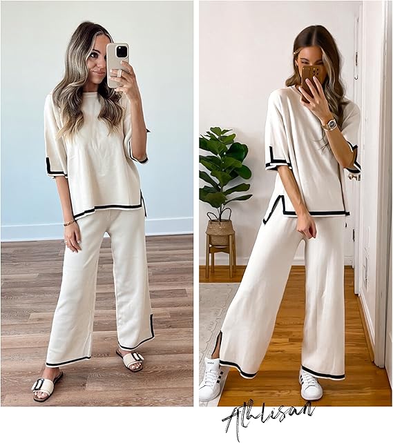 Short Sleeve Knit Pullover Top High Waist Wide Leg Pant 54804 - TUZZUT Qatar Online Shopping