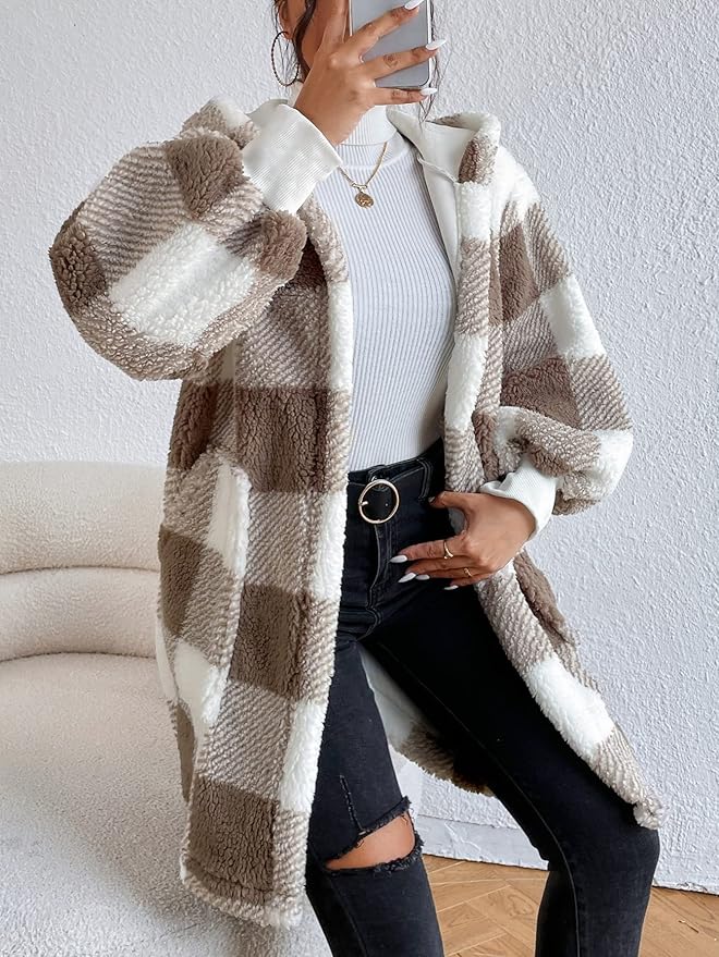 Jackets for Women - Buffalo Plaid Print Open Front Hooded Flannel Coat 27563 - TUZZUT Qatar Online Shopping