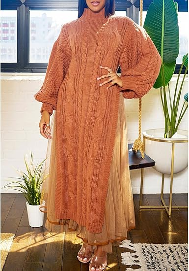 Long Lantern Sleeve Slit Sweater Dress and Maxi Tulle Skirt Set 75991 Long Lantern Sleeve Slit Sweater Dress and Maxi Tulle Skirt Set 75991