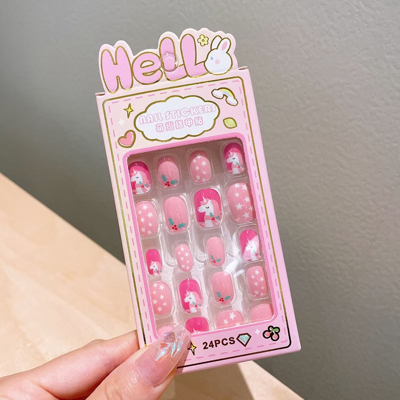 24 Pcs Pink Press on Nails Medium Length Kids Fake Nails 416602