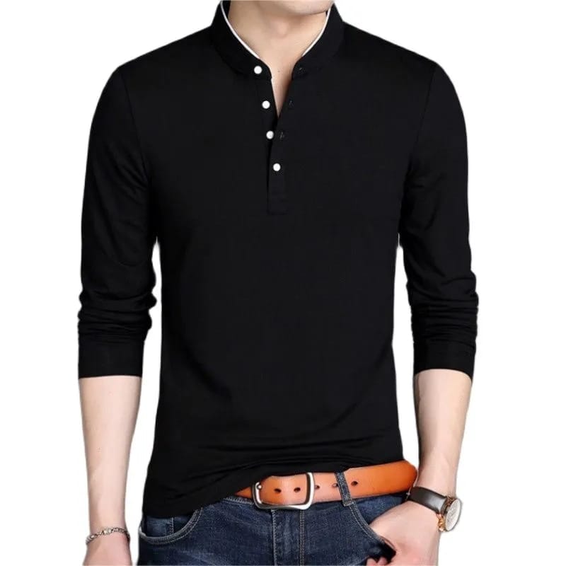 Spring Men's Long Sleeve T Shirts Half Buttons Stand Collar Cotton Pullovers Solid Casual Tops Comfy Korea Tide Slim Thin Tees S2434456 - Tuzzut.com Qatar Online Shopping