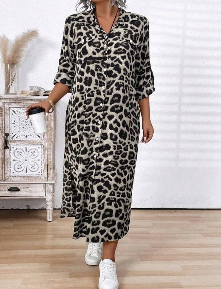 Front Button Long Sleeve Leopard Print Casual Long Dress Maxi Women Outfit 070933 Front Button Long Sleeve Leopard Print Casual Long Dress Maxi Women Outfit 070933