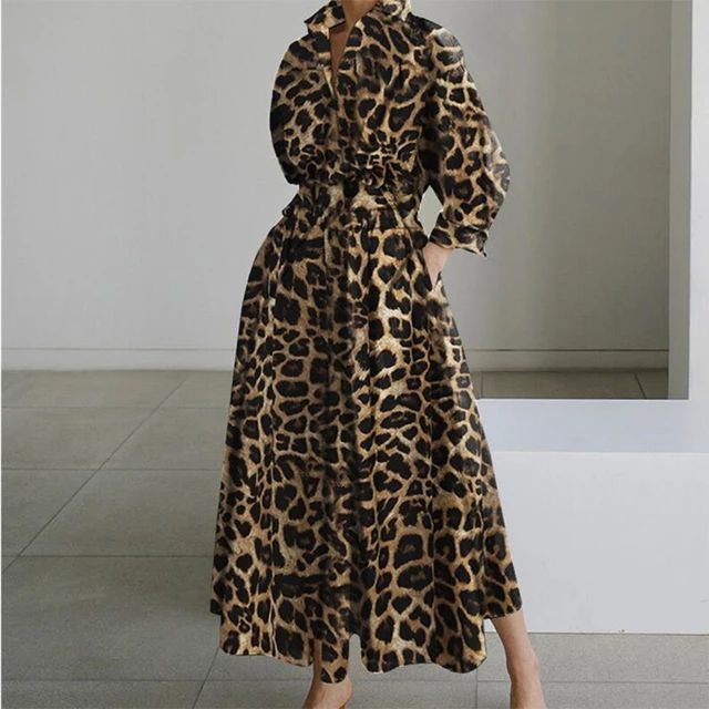 Zanzea Vintage Solid Vestidos Temperament Dress Lady Long Sleeve Casual Fashion Robe Leopard Waist Dresses S4321896 - Tuzzut.com Qatar Online Shopping