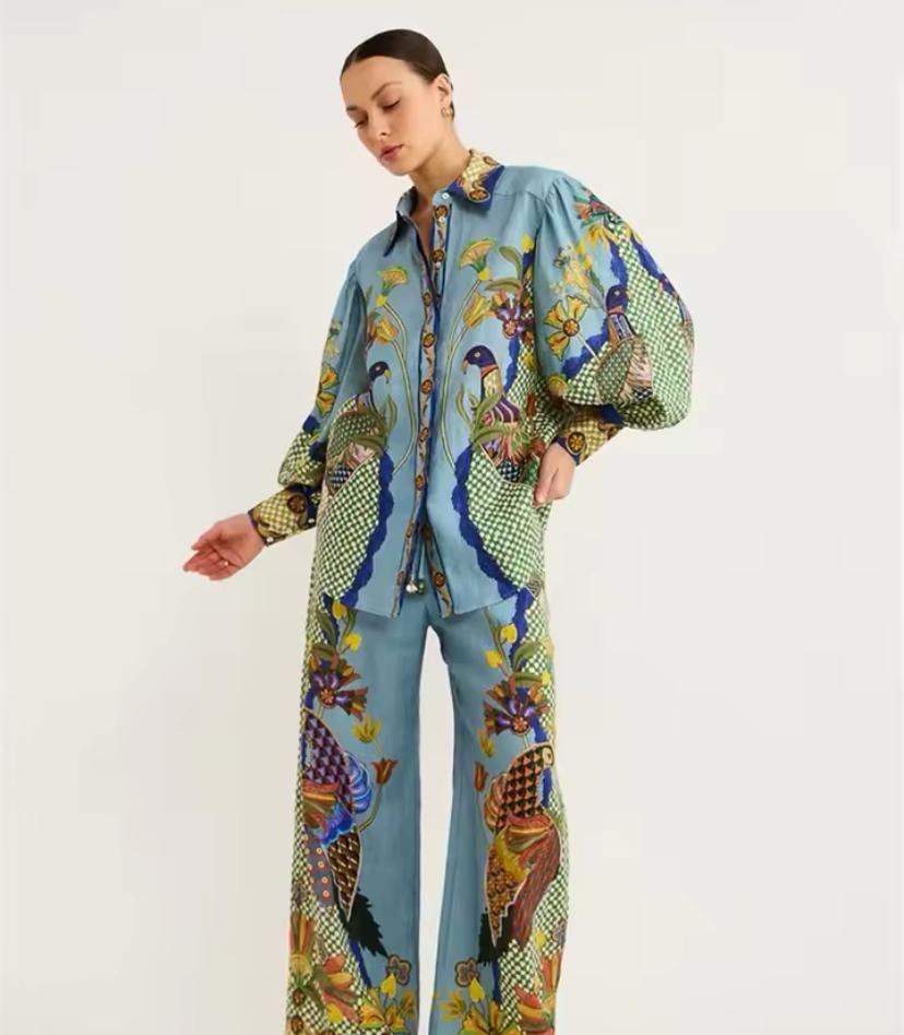 Women's Long Sleeve Single Breasted Suits, Casual Printed Satin Pants 09001 Women's Long Sleeve Single Breasted Suits, Casual Printed Satin Pants 09001