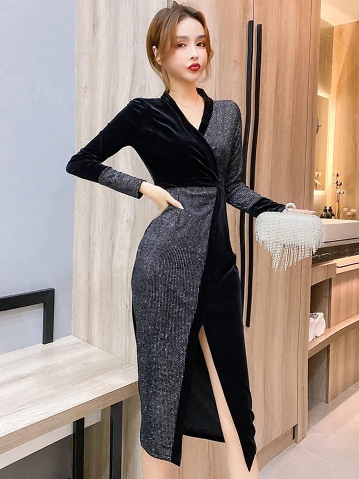 Fashion Autumn Velvet Sexy Maxi Dress Long Sleeve Split Party Gown M B-31665 - Tuzzut.com Qatar Online Shopping
