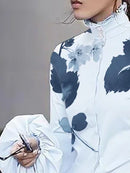 Long Sleeves Loose Buttoned Leaves Print High-Neck Blouses&Shirts Tops L 127607 - TUZZUT Qatar Online Shopping