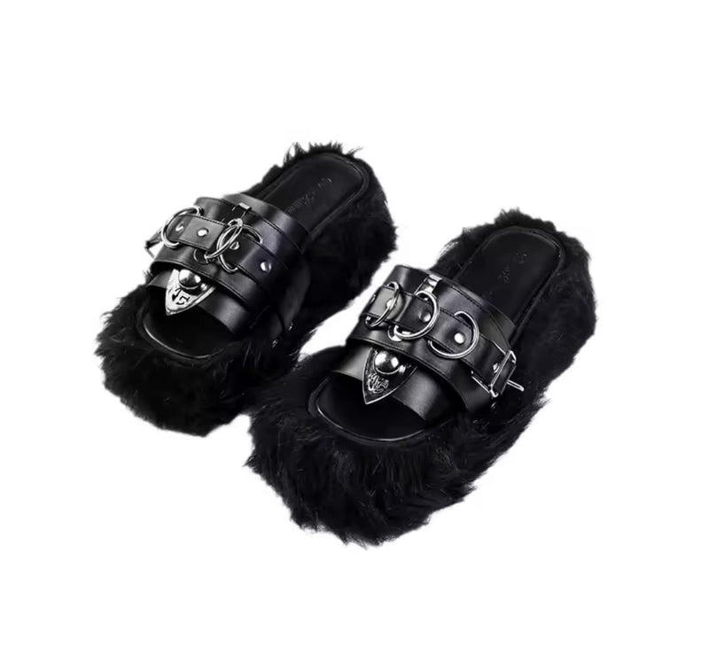 Punk Fur Metal Decor Round Toe Sandals 22823 - TUZZUT Qatar Online Shopping