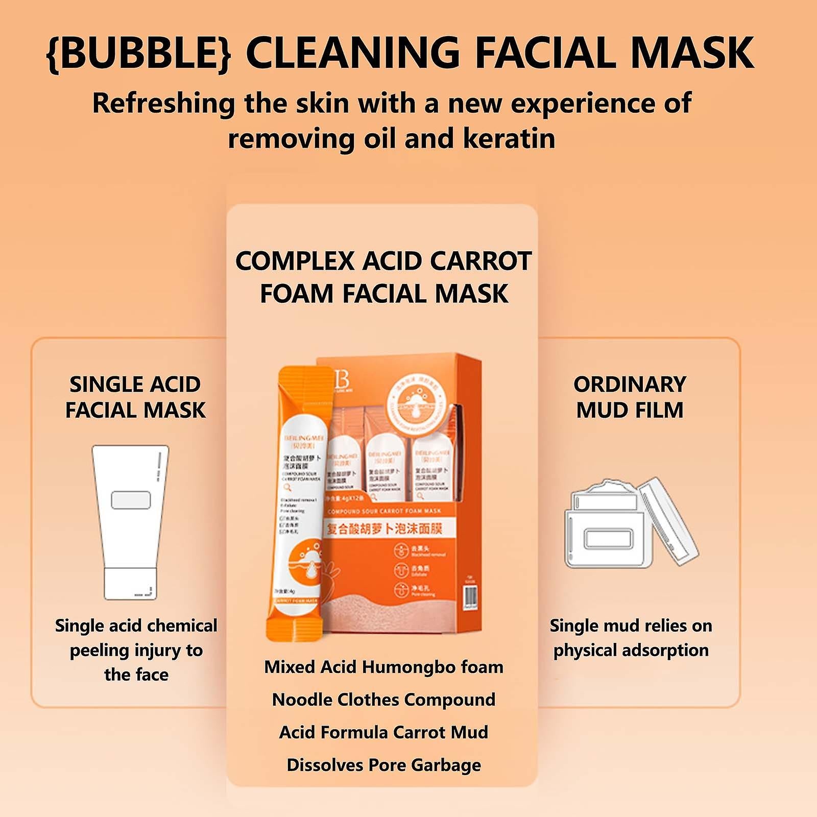 Carrot Foam Mask with Acid Complex Deep Bubble Cleaning Pore Cleansing , Blackhead removal, Exfoliation, Moisturizing (4gm x 12pcs Pack) Carrot Foam Mask with Acid Complex Deep Bubble Cleaning Pore Cleansing , Blackhead removal, Exfoliation, Moisturizing (4gm x 12pcs Pack)