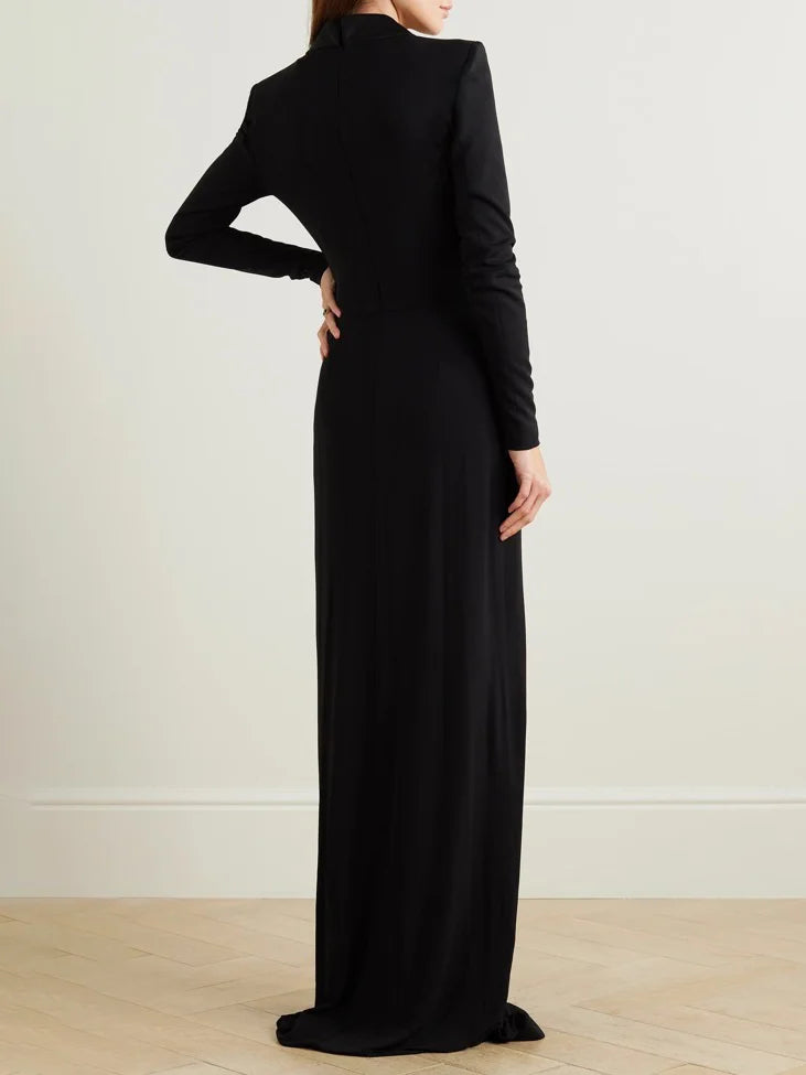 Long Sleeves Skinny Solid Color Deep V-Neck Maxi Dresses 133460