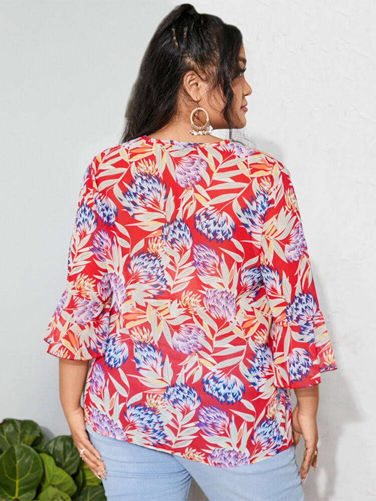 Womens Summer Tops T-Shirt Retro Print 3/4 Sleeve See Through Chiffon Shirts ZANZEA S4621877 - Tuzzut.com Qatar Online Shopping
